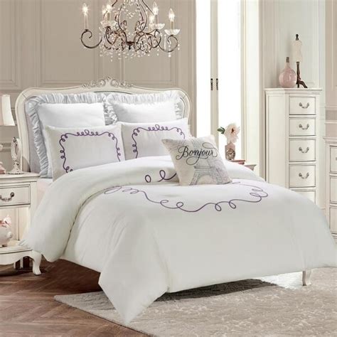 Embroidered Comforter Set Hotel Loop Purple And White Machine