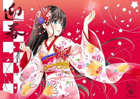 Aqua Eyes Black Hair Butterfly Flowers Japanese Clothes Kimono Long