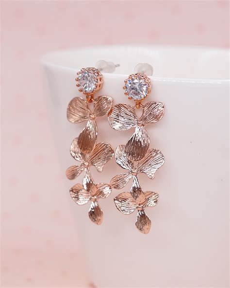 Rose Gold Cubic Zirconia Earring With Orchid Flower Dangle Etsy
