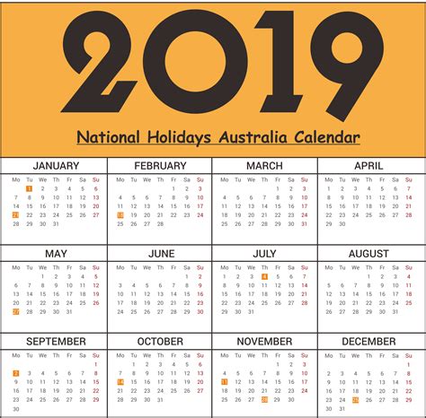 2019 National Holidays Australia Calendar 2019calendar 2019holidays