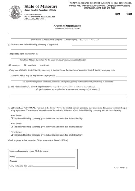 Fillable State Of Missouri Articles Of Organization Template