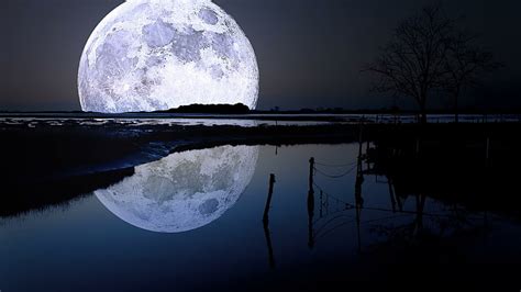 hd wallpaper moon lake full moon reflected reflection night sky supermoon wallpaper flare