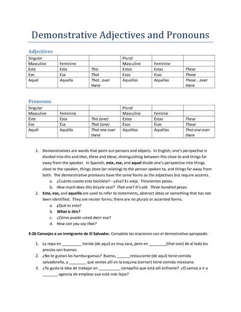18 Spanish Demonstrative Adjectives Worksheet