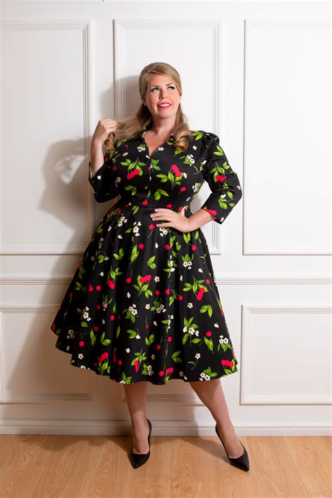 Natasha Cherry Swing Dress In Plus Size In Black Hearts Roses London