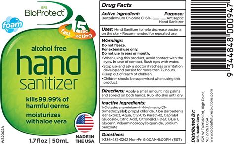 Gfs Bioprotect Alcohol Free Hand Sanitizer Benzalkonium Chloride Liquid