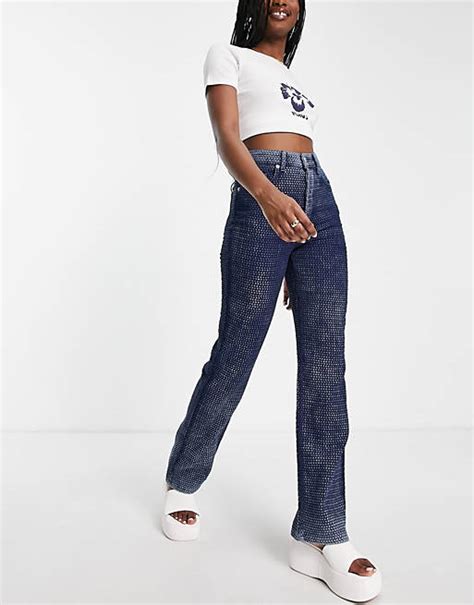 Topshop Kort Jeans With Basket Weave In Mid Blue Asos