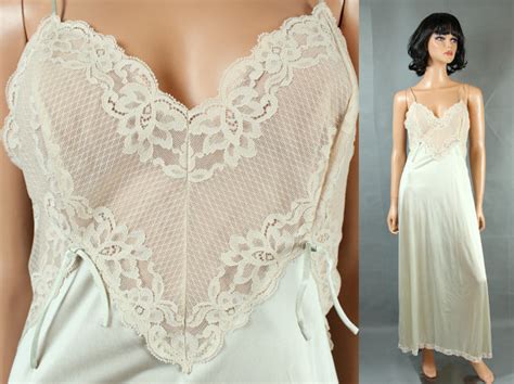 vintage vanity fair nightgown sz s 34 sleeveless lace bust flared ivory green free us shipping