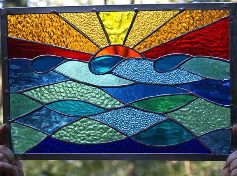 Ocean Sunset Stained Glass Panel Window Suncatcher Original Design Ocean Sunset Stained Glass