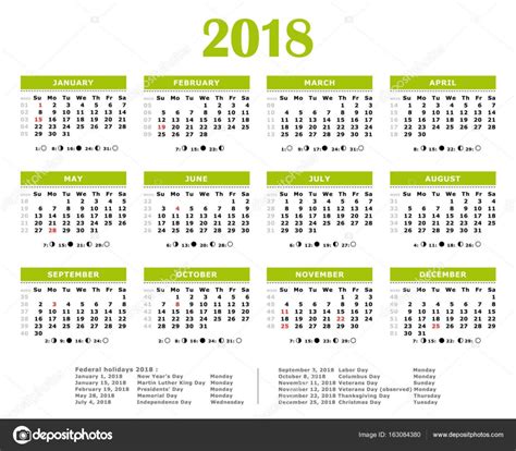 2018 Green Yearly Calendar Federal Holidays Moon And Numbers Of Weeks