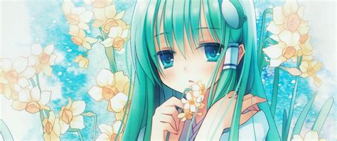 Download Wallpaper 2560x1080 Anime Girl Hair Long Flower