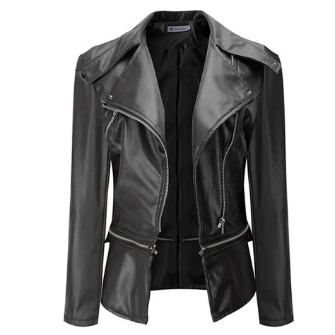 spring autumn new fashion black leather jacket for women slim short faux leather motorcycle