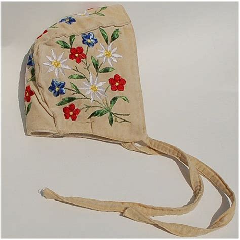 Vintage Baby Bonnet Embroidered Flowers On Ivory Velvet Felt Lining