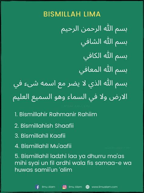 Bismillah yang berasal dari bahasa arab yang memiliki arti dengan menyebut nama allah. Khasiat Bismillah 5 Rumi dan Terjemahan (Kelebihan & Manfaat)