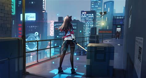 1920x1080 Anime Girl Scifi City Roof With Weapon Laptop Full Hd 1080p Hd 4k Wallpapers Images