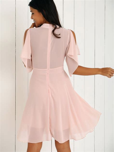 Petal Sleeve Knee Length Chiffon Pastel Pleated Dress Pink Xl In