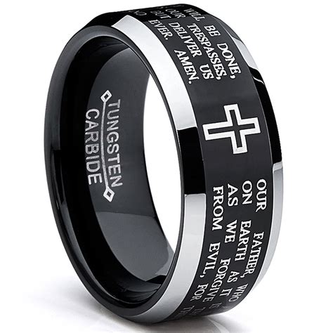 Mens Lords Prayer Tungsten Ring Christian Cross Wedding Band Black 8mm