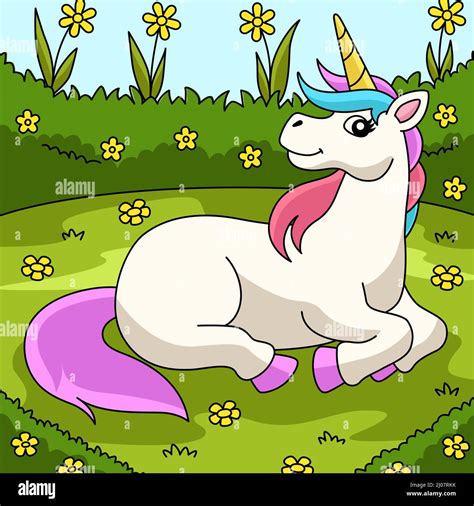Unicorn Laying On A Flower Field Colored Cartoon Stock Vector Image
