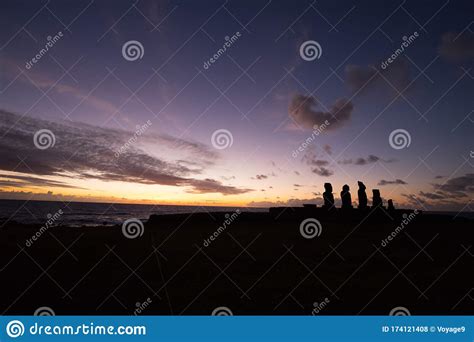 Silhouette Of Some Giant Statues Of Easter Island At Sunset The Moai