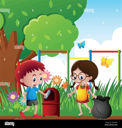 Two Kids Picking Up Trash In The Park Illustration Stock Vector Image