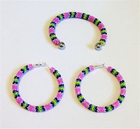 Beaded Hoop Earrings And Bracelet Set Seed Beads Hoops Etsy Bead