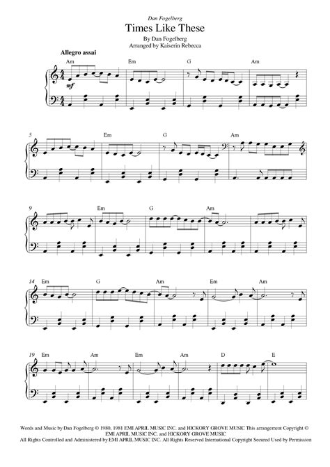 times like these sheet music dan fogelberg piano solo
