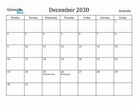 December 2030 Australia Monthly Calendar With Holidays