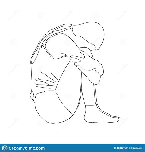 Sketch Of A Sad Lonely Young Girl Sitting On The Floor And Hugging Her Knees With Inclined Head