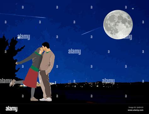Happy Couple Romantically Kissing At Night Under Moonlight 3d Vector