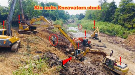 Six units Excavators stuck in deep clay - Heavy Recovery Rescue by Team