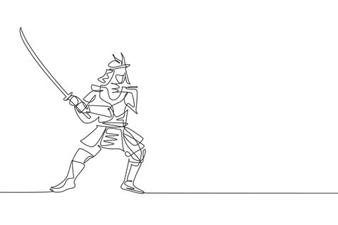 Single Continuous Line Drawing Of Young Strong Samurai Shogun Wearing