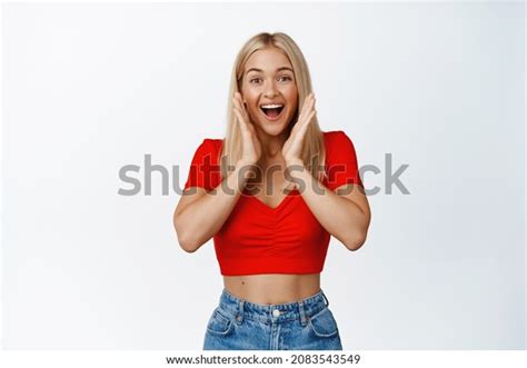 Super Excited Blond Girl Screams Smiles Stock Photo 2083543549