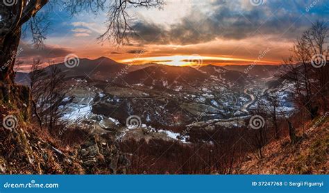 Colorful Winter Sunrise In The Carpathian Mountains Stock Photo Image