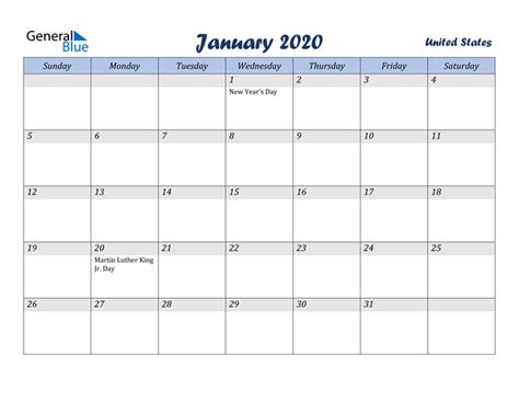United States January 2020 Calendar With Holidays