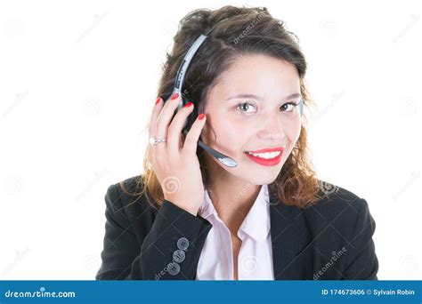 Smiling Woman Telemarketing Headset Girl In Callcenter Stock Photo