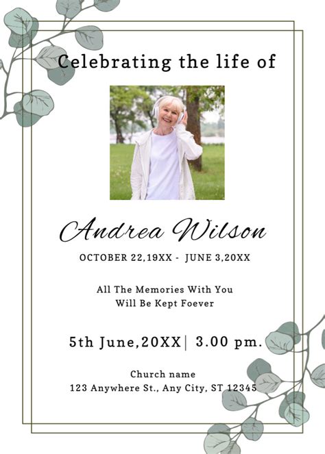 Funeral Invitation With Watercolor Branches And Photo Online Invitation
