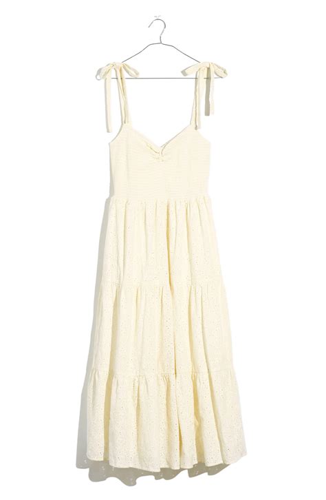 Madewell Eyelet Lucie Tie Strap Tiered Midi Dress In Natural Lyst