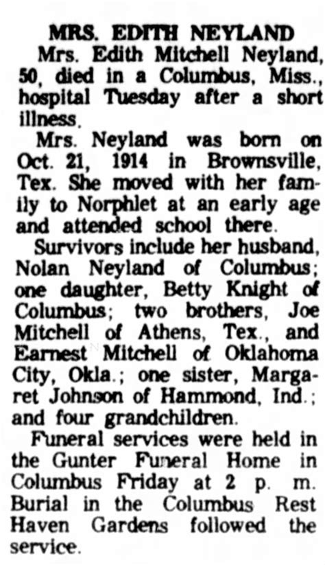 Obituary For Edith Mitchell Neyland Aged 50