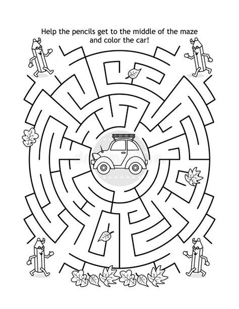 Maze Game And Coloring Page For Kids With Car And Pencils Stock Vector