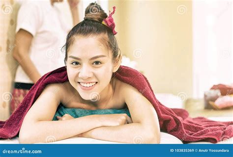 Happy Woman Is Lying On Spa Bed Waiting For Spa Course Stock Image Image Of Background Thai