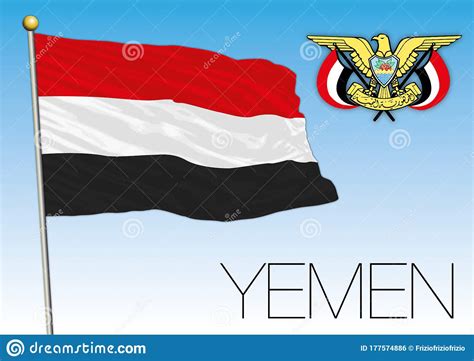Yemen Official National Flag And Coat Of Arms Asia Stock Vector