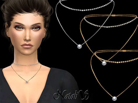 Natalisdouble Necklace With Crystals And Pearl Sims 4 Piercings