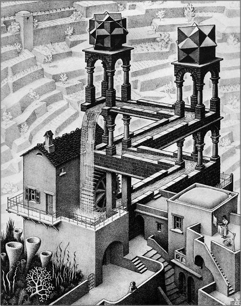Grayscale Photo Of Building Loop M C Escher Optical Illusion