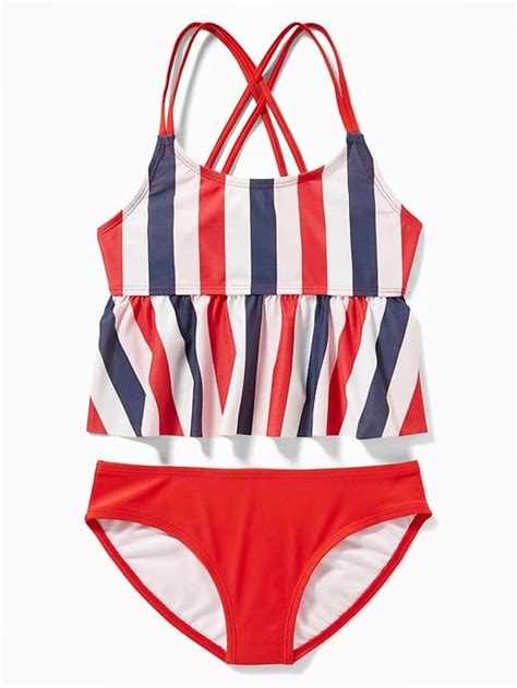 Old Navy Girls Peplum Hem Tankini Swim Sets Red White Blue Stripe