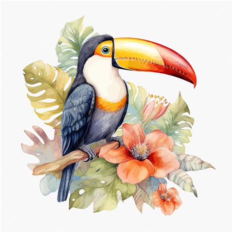 Dessin Animé Mignon Oiseau Toucan Dans Un Style Aquarelle Vecteur Premium