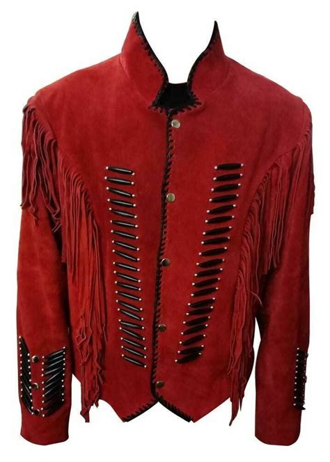 Mens Red Color Western Style Suede Vintage Leather Bone Fringed