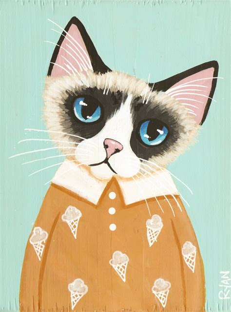 Snowshoe Kitty Original Cat Folk Art Mini Painting