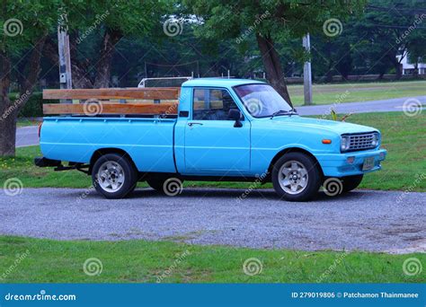 Beautiful Vintage Blue Pickup Truck Old Mazda Familia Car Parked On