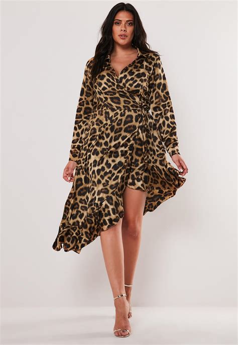 Plus Size Brown Leopard Print Long Sleeve Wrap Dress