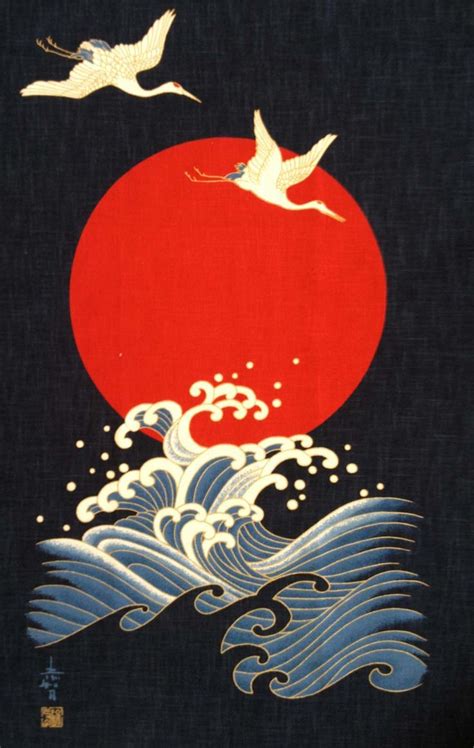 Japanese Textile Design Two Cranes And A Wave Japan Japanese Art