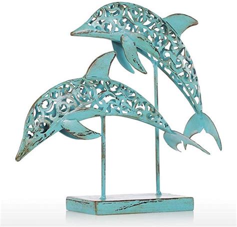 Tooarts Retro Metal Sculpture Handmade Statue Dolphins Ornament Marine